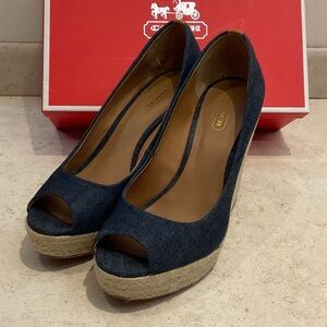 Gently Used Coach Milan Denim Women's Dark Blue Peep Toe Wedges